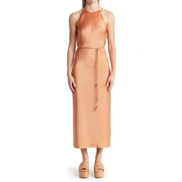 Nanushka Narita Satin Double Strap Dress In Apricot - Picture 1 of 6